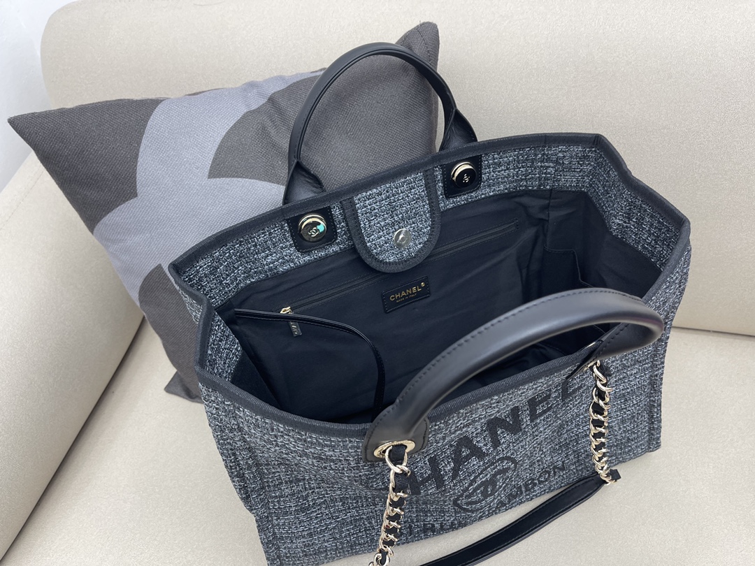 Deauville Tweeds Fabrics Large Shopping Shoulder Bag Tote Bag A66941 Dark Gray 